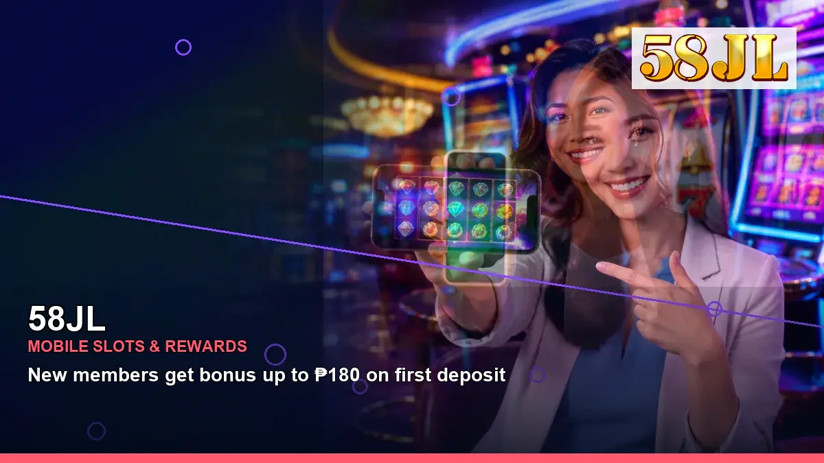 58JL burst free spins slot games featuring an adult Filipina casino host with a right-framed composition